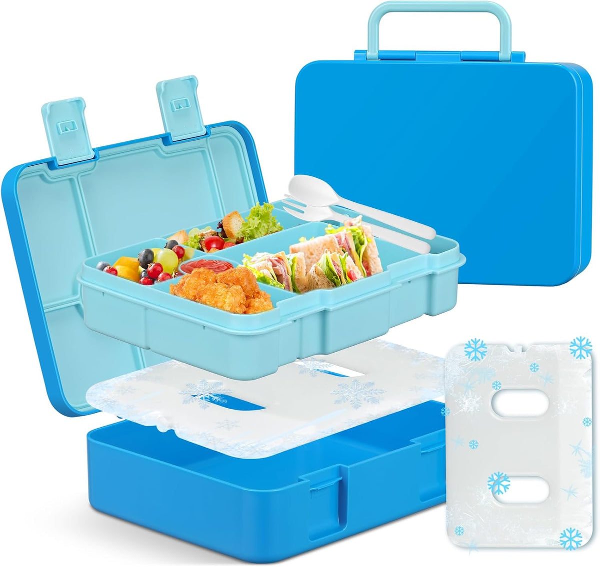 Chill Bento Lunch Box for Kids Adult with Ice Pack,6-Compartment Reusable Leak-proof Lunch Container for Girls Boys to School,Keep Food Cold&Fresh,Dishwasher & Freezer Safe