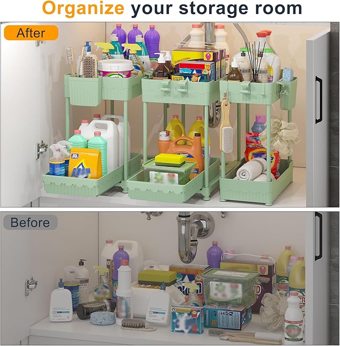 Sevenblue 3 Pack Under Sink Organizers, 2-Tier Multi-Use Kitchen and Bathroom Organizers and Storage with Sliding Drawers，Bathroom Cabinet Organizer (Green, 12.8 Inch)