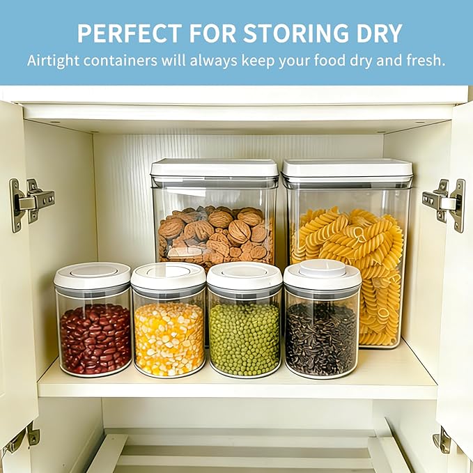 Airtight Pop Top Food Storage Container Sets with Lids 6Pcs Round Rectangle Pop Containers for Kitchen Pantry Organization BPA-Free Stackable Kitchen Storage for Cereal Flour Sugar 0.6qt *4, 3.6qt *2