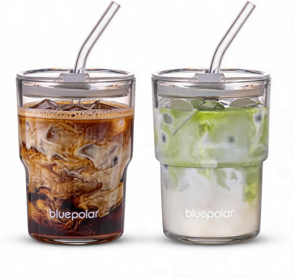 13oz/400ml Glass Water Tumbler with Straw and Lid Sealed Carry On Thick Wall Iced Coffee Cup Glass Cup for Water, Iced Tea Fruit Juice Etc (White-2Pack)