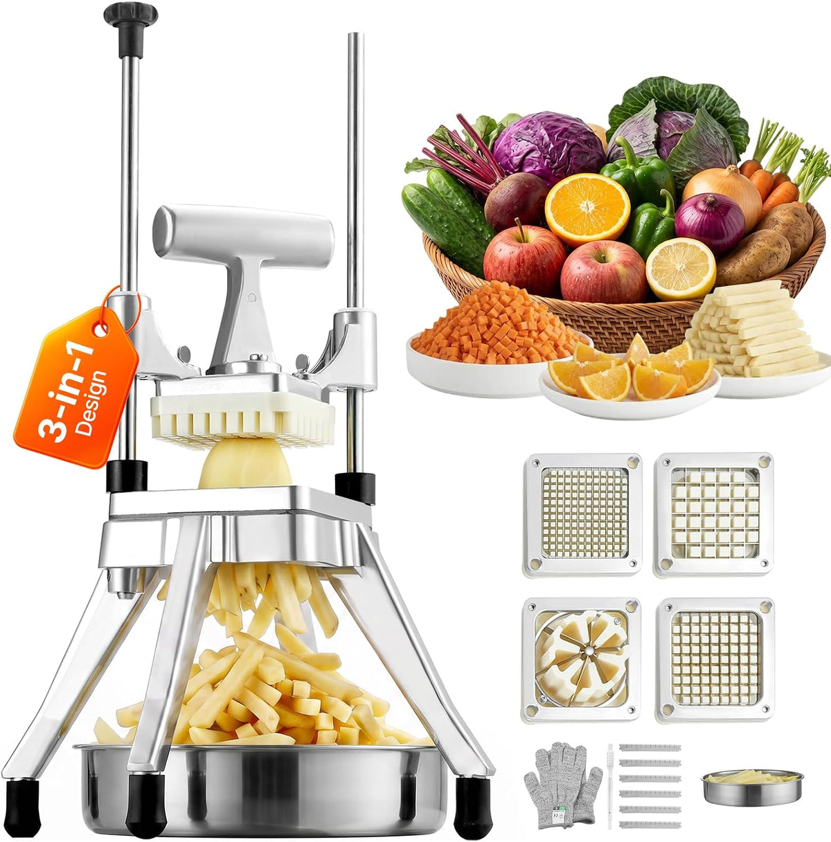 Commercial Vegetable Fruit Chopper, Stainless Steel French Fry Cutter w/ 4 Blades 1/4" 3/8" 1/2", Vegetable Chopper Dicer w/Stainless Bowl, Heavy Duty Cutter for Potato Tomato Onion Mushroom
