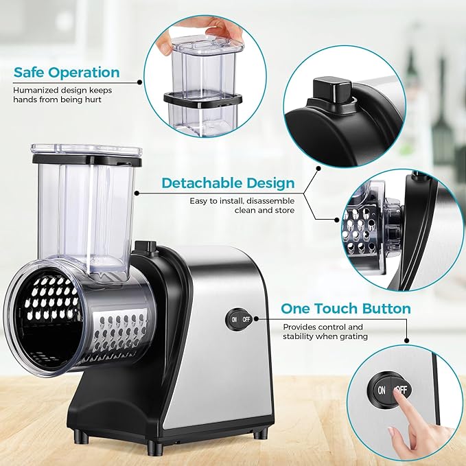 Electric Cheese Grater, 250W Electric Slicer Shredder, One-Touch Control Electric Salad Machine for Cheese, Fruits, Vegetables, Salad Maker with 5 Different Shapes of Blades, 2026 Upgrade