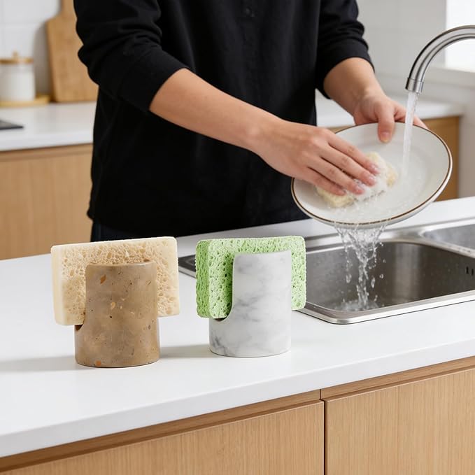Marble Sponge Holder for Kitchen Sink Dish Sponge Caddy Rustic Farmhouse Decor (Dark Camel)