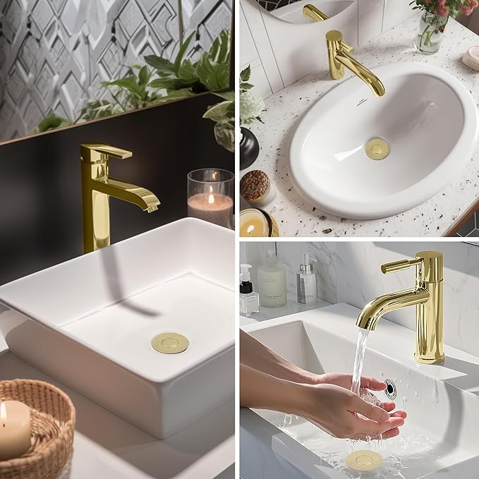 Hibbent Upgraded 3 in 1 Bathroom Sink Drain Strainer, Universal Pop Up Stopper with Removable Stainless Steel Filter Basket Hair Catcher, Sink Plug for 1.1''~2.36'' Basin, Brass Core, Brushed Gold
