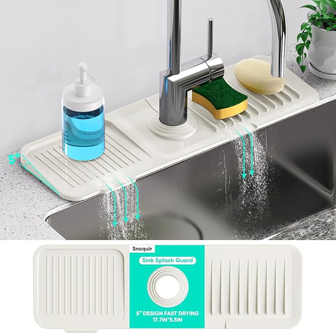17.7inch Faucet Mat for Kitchen Sink [5°Slope Fast Self-draining] Faucet Mat Kitchen Sink Splash Guard Silicone Sink Splash Guard Kitchen Sink Area Tidy Splash Faucet Guard Draining Mat-Beige