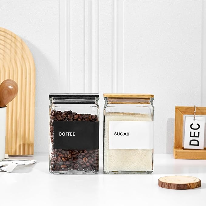 Glass Storage Jars with Bamboo Lids, 27oz Square Food Storage Containers for Kitchen Pantry Organization