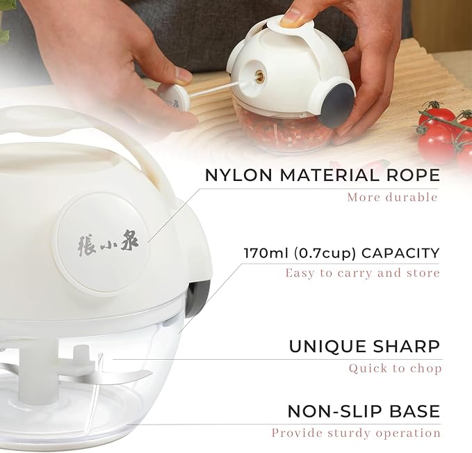 Mini Manual Vegetable Chopper Portable Pull String Food Chopper 170ml - Sharp Blades Garlic Mincer with Container Onion Cutter for Ginger, Chili, Fruit, Meat, Nuts