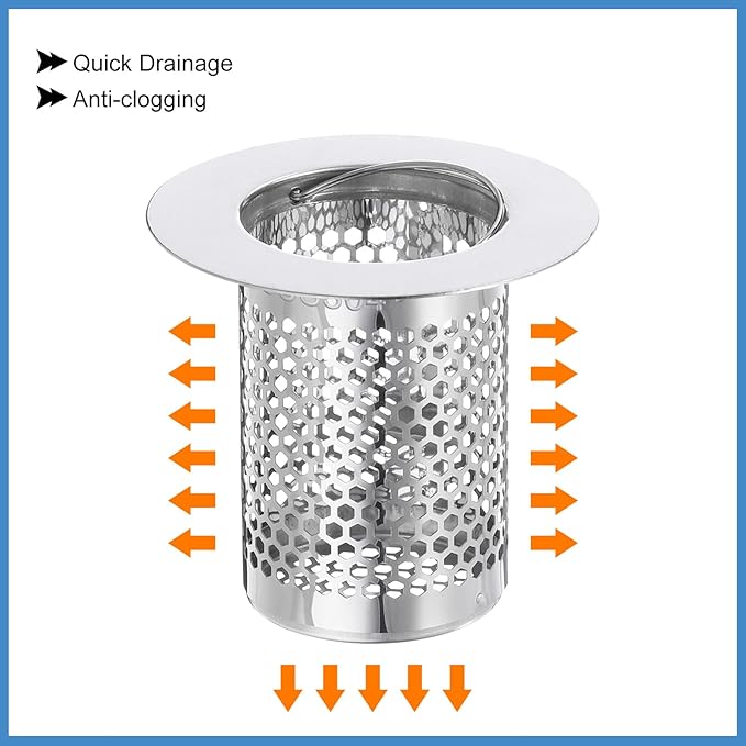 uxcell 3 Pack Shower Drain Strainer, 2" x 2" Stainless Steel Floor Drain Strainer Deep Sink Hair Catcher for Kitchen Bathroom Balcony Floor Drain, Fit Hole Size from 1.18" to 1.97"