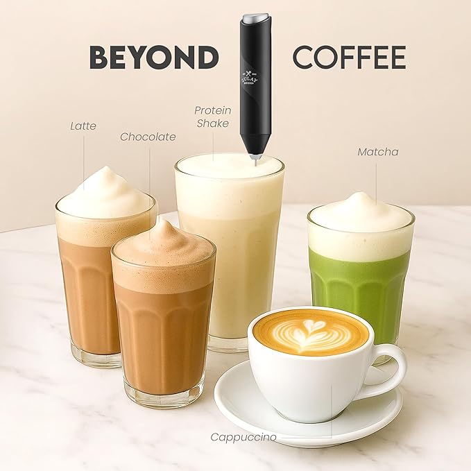 Zulay Kitchen Powerful Milk Frother AA Batteries Included – Ultra Fast Handheld Drink Mixer with Stainless Steel Whisk Stirrer for Coffee, Protein, Matcha & More, Frother Wand Electric Frothmate Black