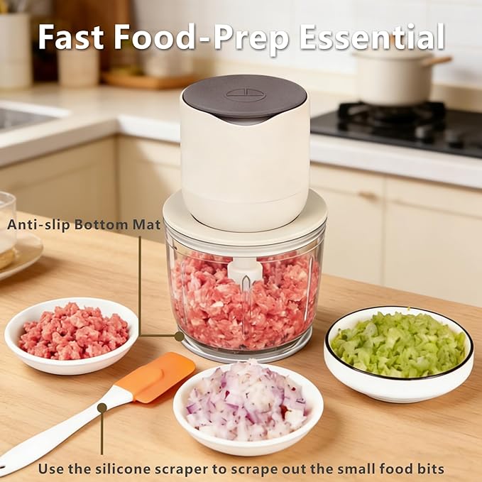 600ml Glass Cordless Food Chopper, Wireless Food Processor with 3 Sharp Blades ＆ USB-C Rechargeable Battery Motor, Small Garlic Vegetable Chopper, Electric Meat Blender Grinder, Portable Mini Mixer