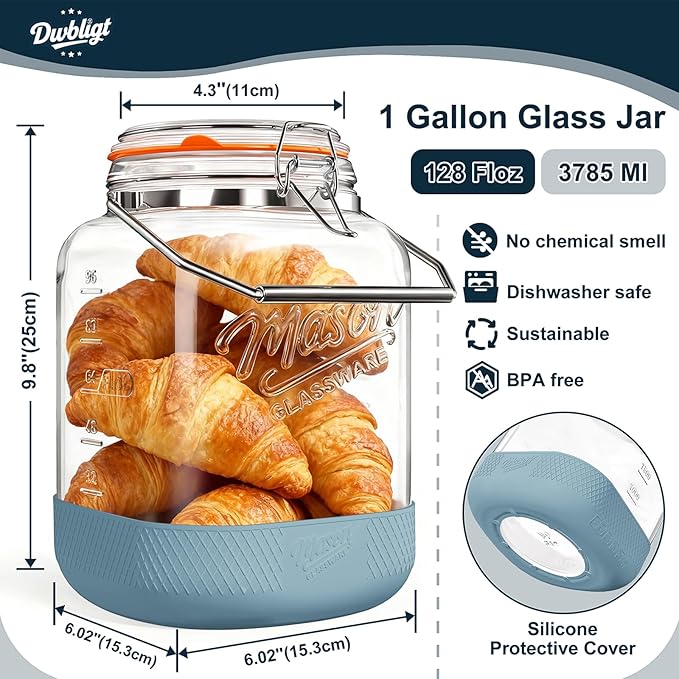 2 Pack Square 1 Gallon Glass Jar with Airtight Lid, Large Mason Jars Wide Mouth 128 Oz with Scale Marks & Handle, Glass Storage Containers with Anti-slip Base for Flour, Oat, Wheat, Cookie Jar