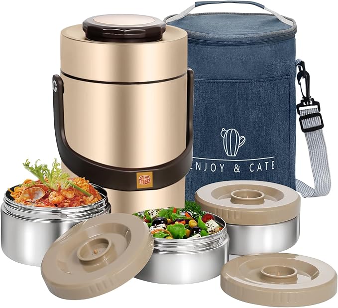 Pawovdeq 67 oz Adults Stainless Steel Vacuum Insulated Wide Mouth Soup Food Thermo Hot Food Jar with Keep Thermal Portable 3 Tier Stackable Bento Hot Food Containers Lunch Boxes (67 oz Gold)