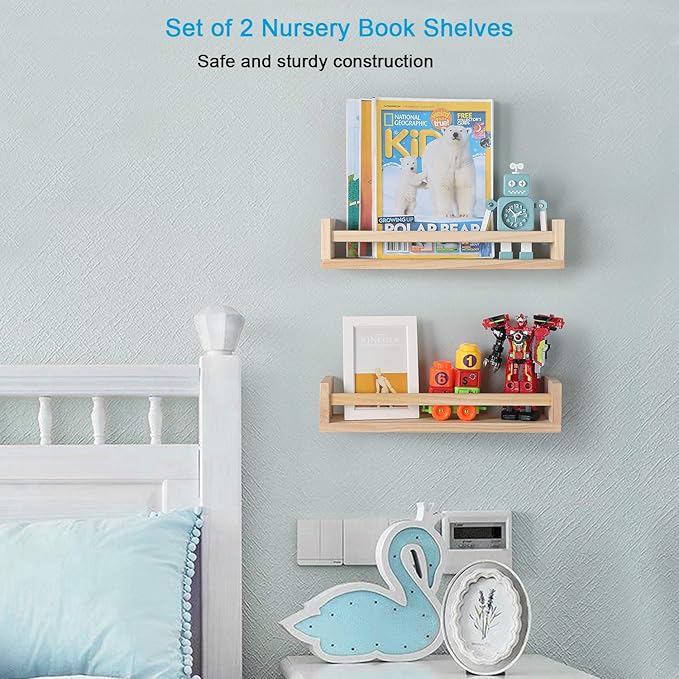JORIKCHUO Nursery Book Shelves, Set of 2 Wood Floating Book Shelves for Kids Room, Kitchen Spice Rack, or Rustic Wall Mounted Shelves for Farmhouse Bathroom Décor (Natural Wood)