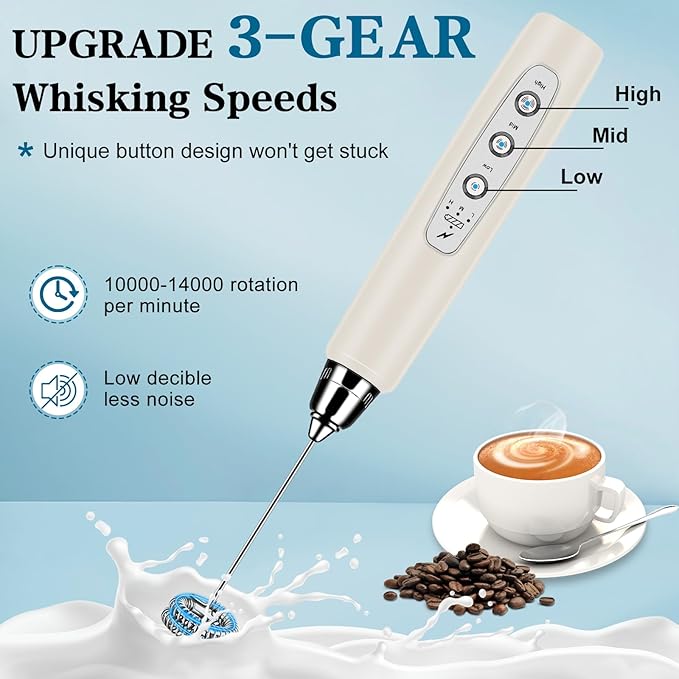 BSRGMS Milk Frother Handheld for Coffee, Electric Whisk 3 Speed Adjustable, Drink Mixer with Stainless 3 Whisks, Rechargeable Hand Frother Wand, for Latte Cappuccino Hot Chocolate Egg Beige