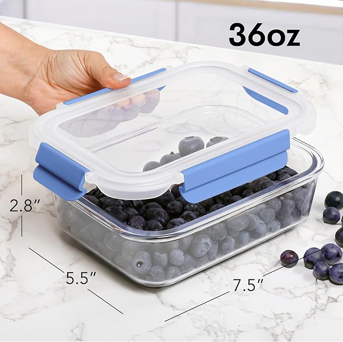 ECOBERI Glass Meal Prep Containers with Silicone Sleeves, 3 Piece 4.5 Cup Set, Borosilicate Glass Food Storage with Leak-Resistant Lids, Oven, Microwave, Freezer and Dishwasher Safe