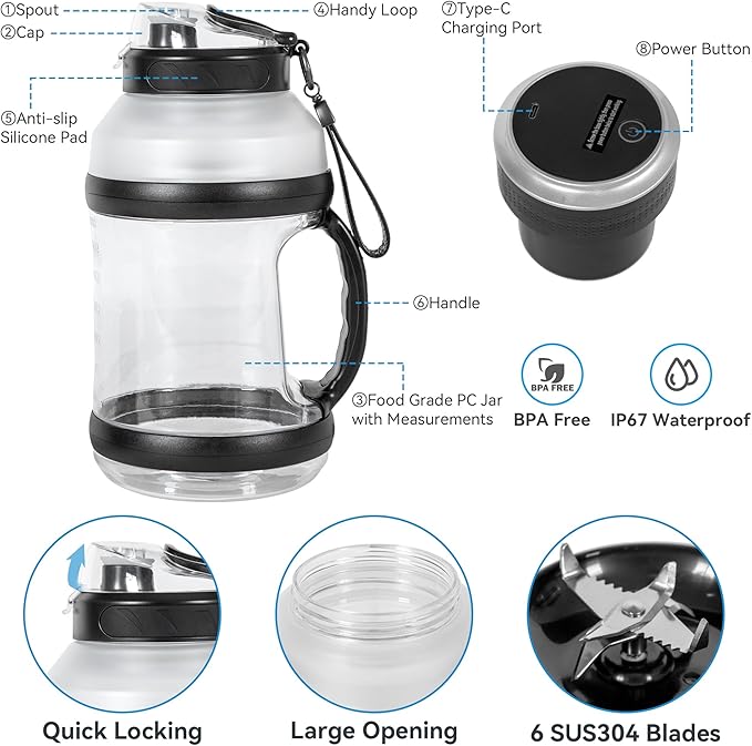 Portable Blender for Shakes & Smoothies 1800ML, Rechargeable Personal Blender with Travel Lid for Kitchen 4000mAh, Waterproof Blender Cup with Six Blades for Sport/Home/Office/Gym (Black)