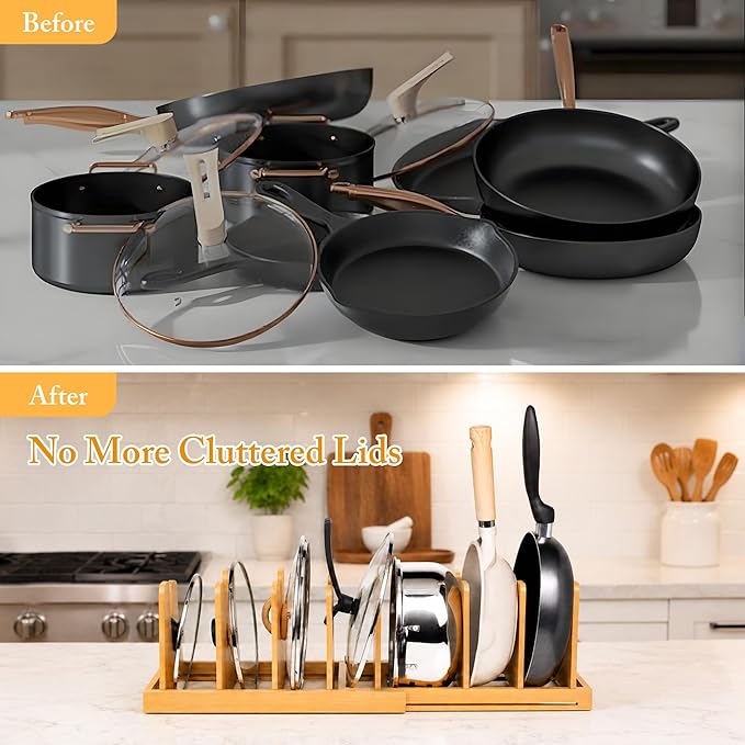 MinBoo Bamboo Expandable Pot Lid Organizer, Pot and Pan Organizer Drawer Organizer for Pot Lids, Adjustable 10 U-Shaped Dividers for Kitchen Cabinet Organizers and Storage (Bamboo-1)