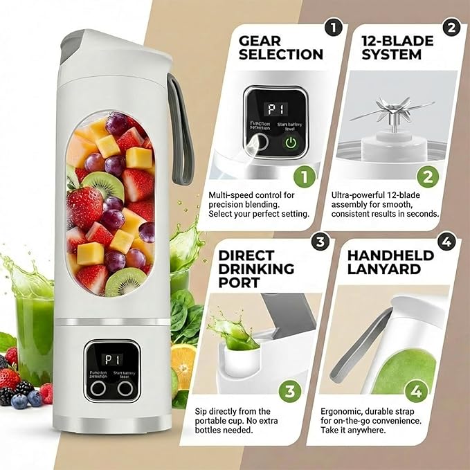 Portable Personal Electric Blender，500ML Portable Shakes and Smoothies Blender，12 Blades USB Rechargeable Small Blenders、Mixing、Compact、Convenient and Versatile (White)