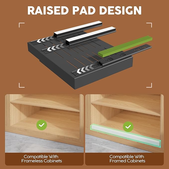 Seinloes 2Pack Expandable Pull Out Cabinet Organizer 21"Deep with Raising Pad for Framed Cabinets, Upgrade 3 Slide Rails Slide Out Drawers, Roll Out Shelves Adhesive,Adjustable Width 12.05"-20.4"Black