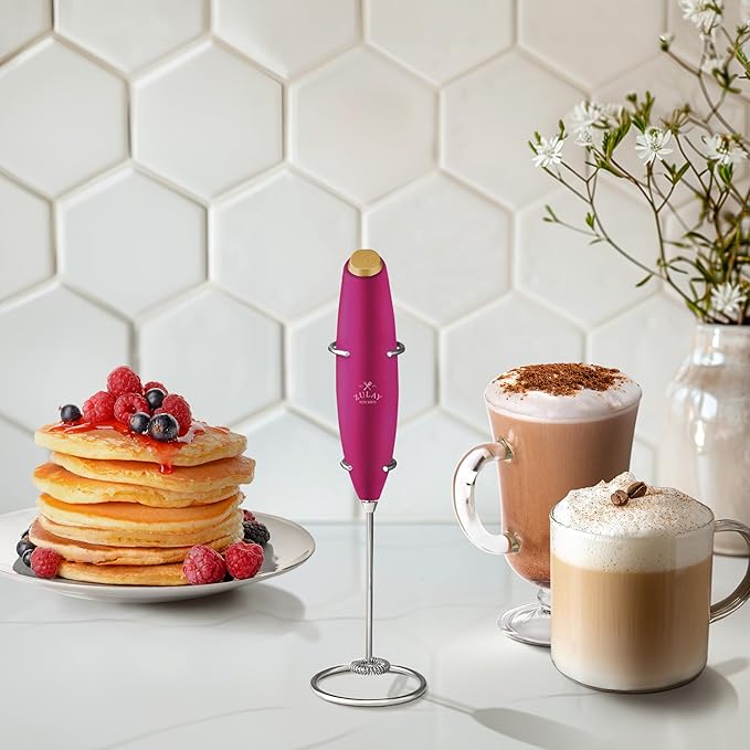 Zulay Kitchen Powerful Milk Frother Wand With Duracell Batteries - Ultra Fast Handheld Drink Mixer - Electric Whisk Foam Maker for Coffee, Lattes, Cappuccino & Matcha - Z1 Motor - Hot Pink Gold