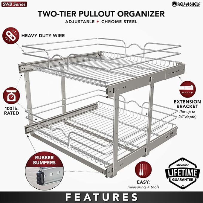 Rev-A-Shelf 2-Tier Pullout Shelf and Drawer Organizer for Kitchen Cabinets, Slide Out Storage Basket, Min Opening Width of 23.5", 24" x 22", 5WB2-2422-CR-1