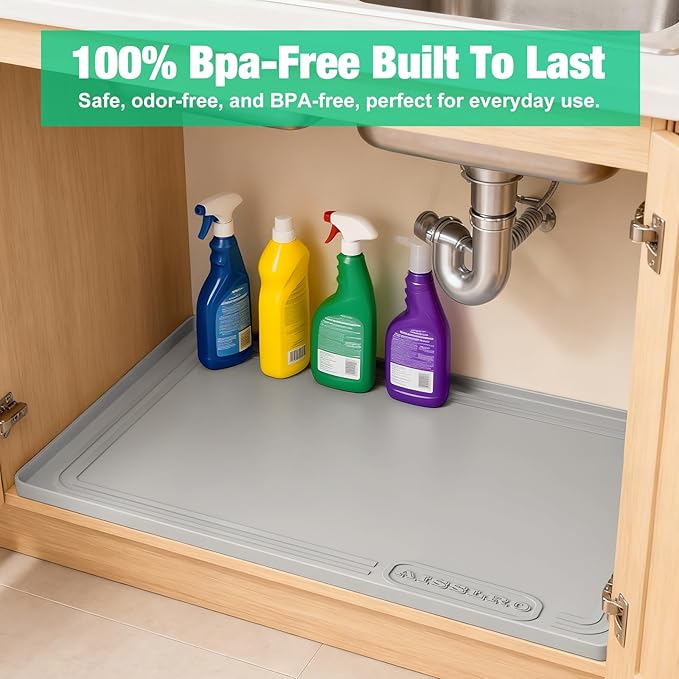 Aisslro Under Sink Mat 31" X 22", Waterproof Silicone Under Sink Mats for Kitchen, Anti-Leak Shelf Liner & Cabinet Protector with Raised Edge, [BPA Free] Bathroom Tray Home Organizer, Gray