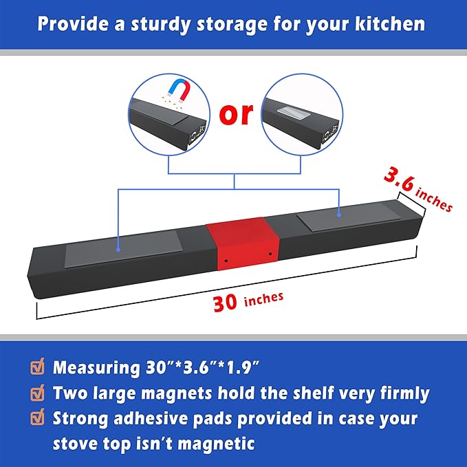 STUTOV 30" Magnetic Stove Top Shelf – Black Spice Rack with Red LOVE Design – Seasoning Organizer for Back of Stove – Over Stove Rack and Kitchen Storage Shelf