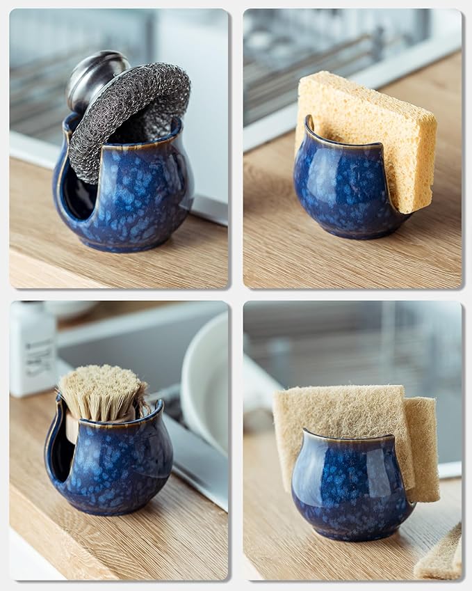 Zoeeker Ceramic Sponge Holder, Kitchen Sink Scrubby Caddy Organizer Dish Sponge Dish Rack for Scrubbers, Bathroom, Sink, Blue