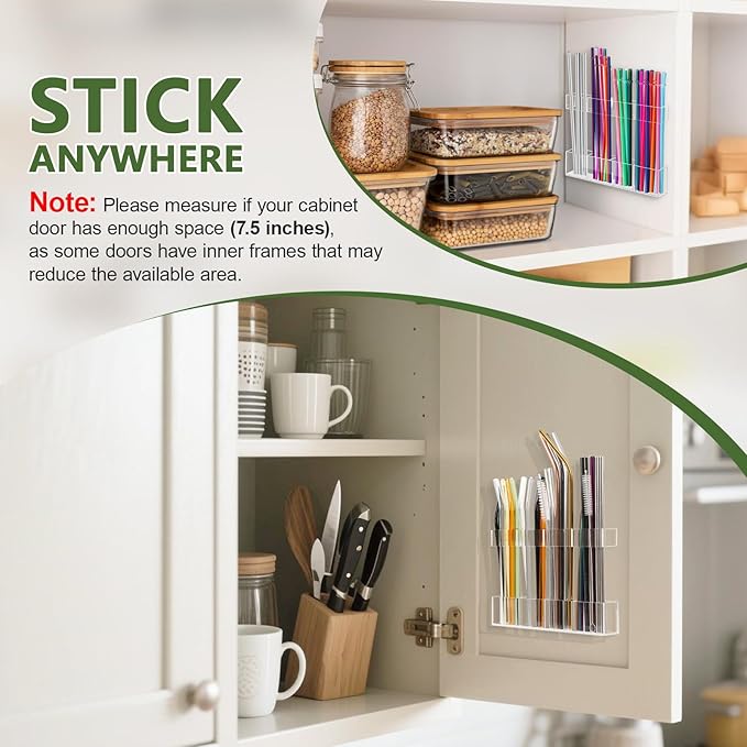 7.5" Small Acrylic Straw Holder for Cabinet Door - Reusable Tumbler Straw Organizer Storage, Small Kitchen Accessories Container, Ultra Sticky Cupboard Door Mounted (Transparent)