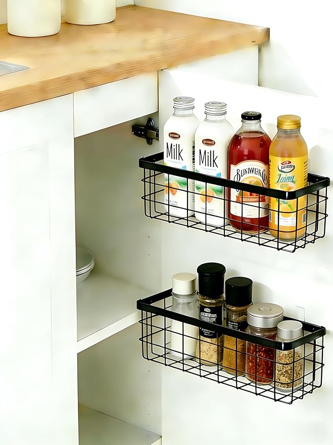 2PCS Hanging Wire Storage Baskets, Metal Wall Organizer, Adhesive Wall Storage Shelves for Kitchen, Bathroom Pantry (Spice Rack, Cabinet Organizer, Shower Caddy) Black-M+L
