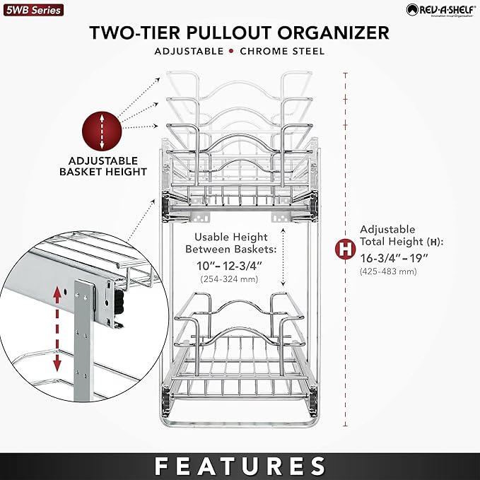 Rev-A-Shelf 2-Tier Pullout Shelf and Drawer Organizer for Kitchen Cabinets, Slide Out Storage Basket, Min Opening Width of 8.5", 9" x 22", 5WB2-0922CR-1