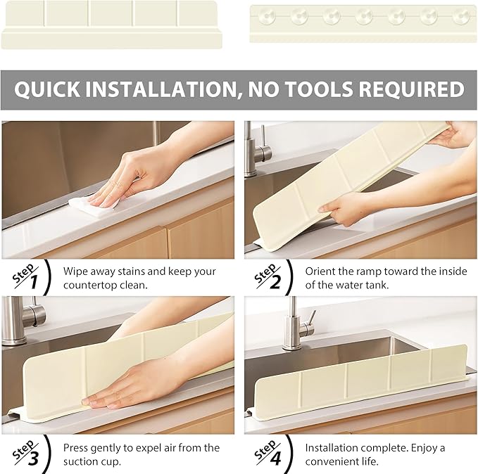 23Inch Sink Splash Guard – Extended Length & Tall Silicone Kitchen Sink Splash Guard with Overhang Drainage Design, High Splash Wall & Strong Suction Cups for Countertop (White, 23''x3.5'')