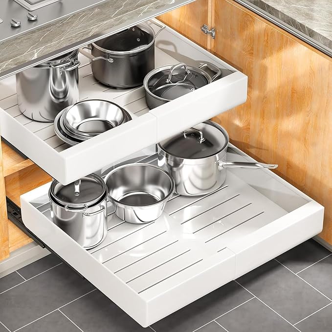 Pull out Cabinet Organizer, 6-pack, Expandable(12"-20") Heavy Duty Slide out Drawers Fixed with Adhesive Nano Film for Pots, Roll out Shelf Storage for Kitchen Base Cabinet Organization(3 Rails)