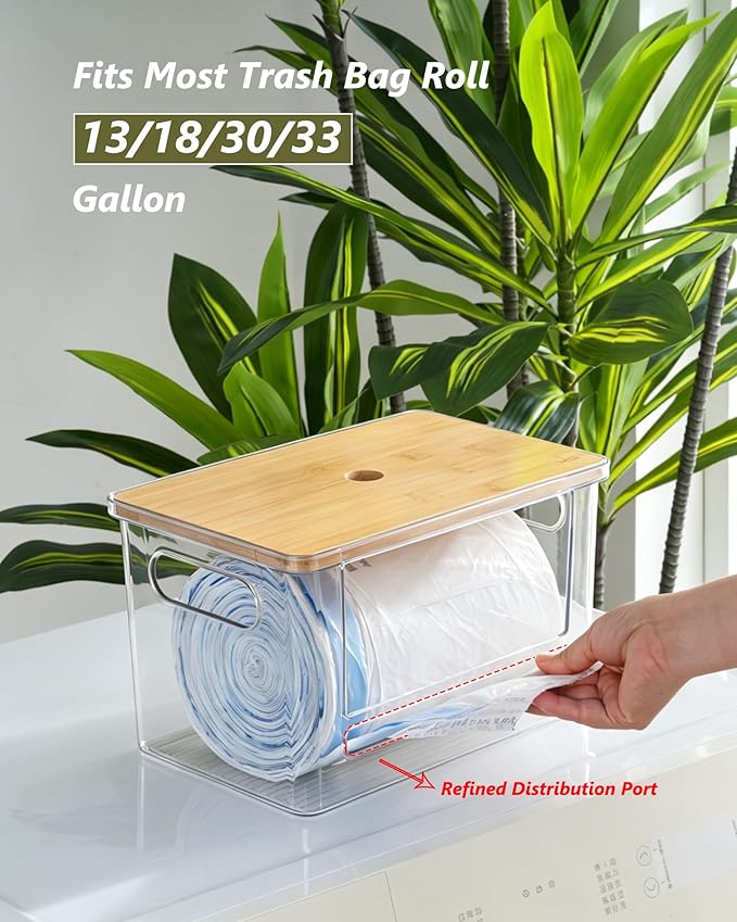 iCASA Trash Bag Dispenser Organizer - Large 3 in 1 Garbage Bag Dispenser Holder Dishwasher Pods Container, Clear Under Kitchen Sink Organizer, 2pcs Laundry Detergent Pods Storage Box with Handle