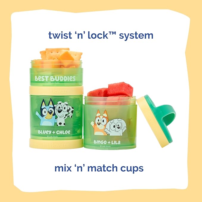 Whiskware Bluey Stackable Snack Containers for Babies, Toddlers, and Kids, 3 Stackable Snack Cups for School and Travel, Cupholder Friendly, Bluey, Chloe, Bingo, and Lila, Best Buddies!