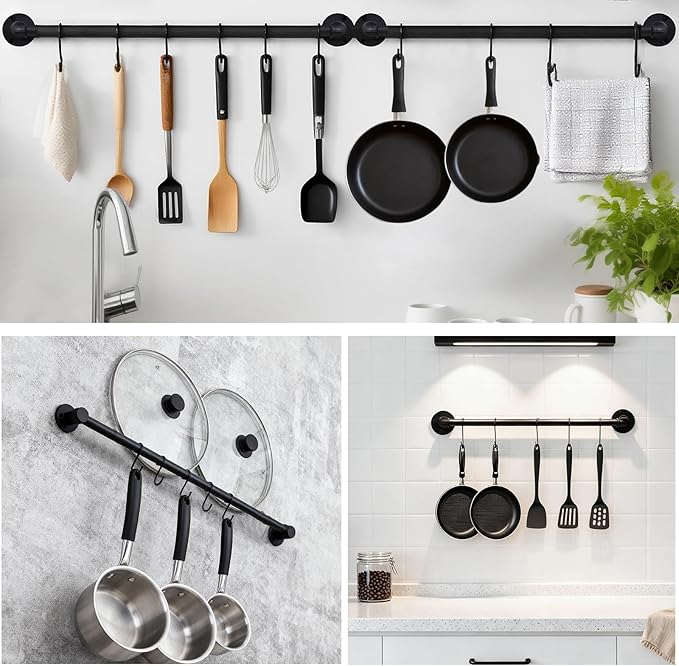 Pipe Hanging Rail for Pots, Pans, Lids, Kitchen Utensils 21 inch 2 Pack, Wall Mounted Rail Rack Pipe Bar with 10 S Hooks Indutrial Style, Black