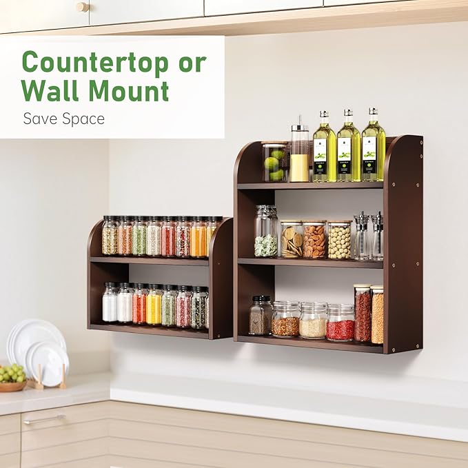 ROMGUAR CRAFT 3 Tier Bamboo Spice Rack, Countertop or Wall Mounting Wood Spice Jars Organizer Shelf for Kitche, Pantry (Brown)
