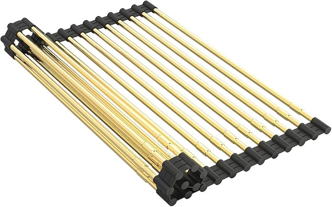 Expandable Roll Up Dish Drying Rack, Adjustable Large Over The Sink Rack Draining Rack (Max Extends to 21.25”) for Stainless Steel Sinks, Collapsible Silicone Rolling Up Rack 18 Tube for Kitchen, Gold