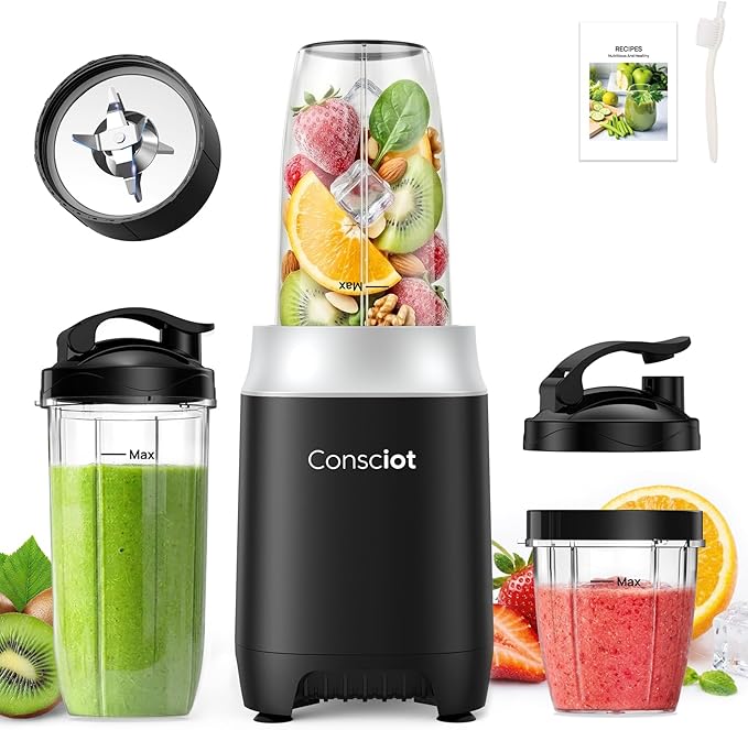Smoothies Blender, Consciot Blender for Kitchen and Personal Size for Making Shakes and Smoothies, Frozen Drinks, Sauces & More, 3 Portable BPA Free Cups & 3 Lids for Home & On-the-Go, 900 Peak Watt