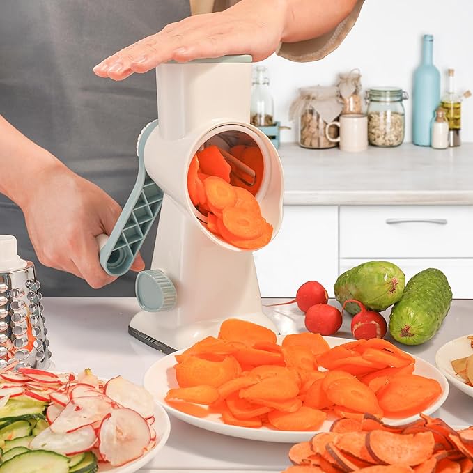 Cheese Grater Hand Crank Rotary Vegetables Shredder with Handle, 3-in-1 Graters with Interchangeable Blades and Non-slip Base Multifunctional Slicer for Kitchen