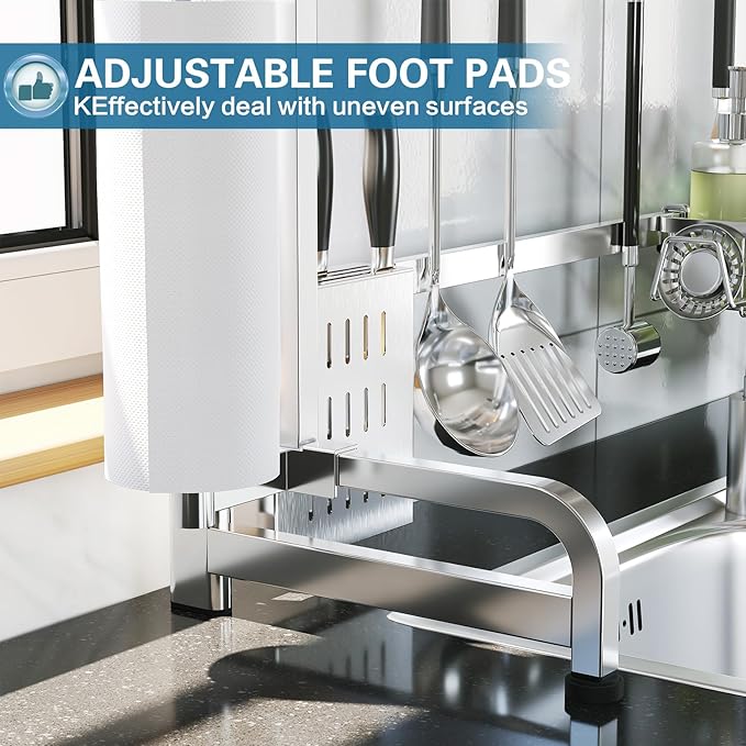 LIVOD Over The Sink Dish Drying Rack,3 Tier Adjustable Length Full Stainless Steel Large Storage Kitchen Dish Rack,for Kitchen Counter Expandable Multifunctional Organizers,Silver (25.98-37.6")