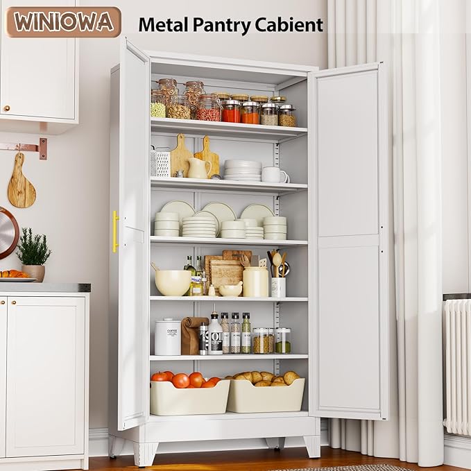 winiowa Tall Metal Kitchen Pantry Storage Cabinet with 2 Doors and 5 Adjustable Shelves - 75.2" Kitchen Cabinet with Gold Handles for Kitchen, Bathroom, Dining Room, Living Room - White