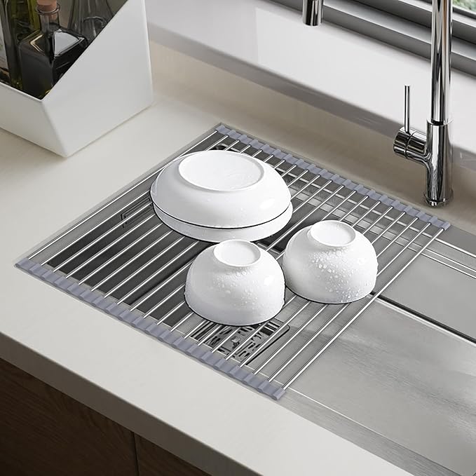 Roll Up Over Dish Rack 17.7”Lx15.5”W, Kitchen Drainer Rack, Gray