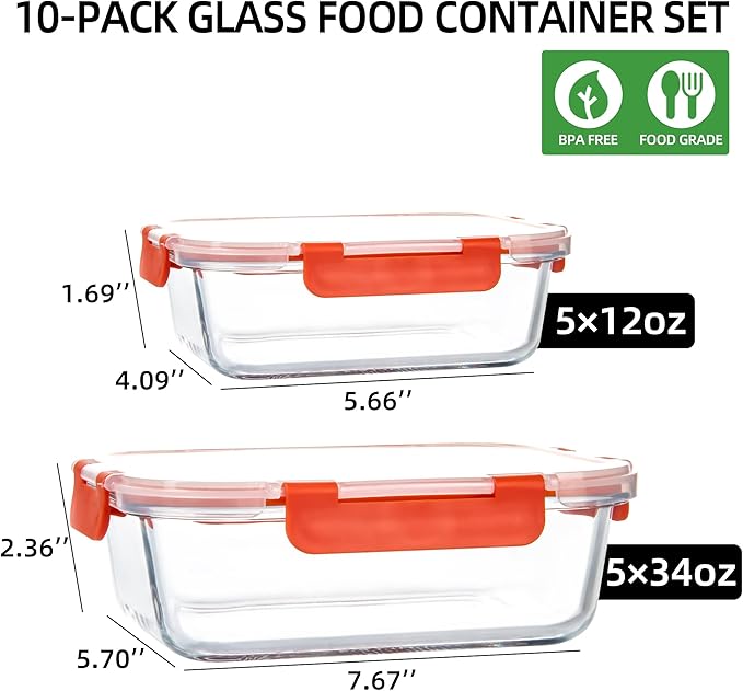 UMEIED 10 PACK Glass Food Storage Containers with Leak Proof Lids, Glass Airtight Meal Prep Containers Set for Lunch, On the Go, Leftover, Kitchen Pantry Organizers and Storage (Orange)