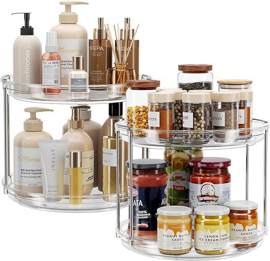 2 Pack 2 Tier Lazy Susan Turntable Organizer 9.25'' Rotating Spice Rack, Clear