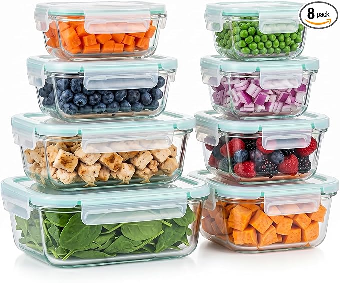 8 Pack Glass Meal Prep Containers with Lids, Glass Food Storage Containers with Airtight Vent Hole Lids, Lunch Containers Sets with lids Glass, Microwave Oven Freezer Dishwasher Safe