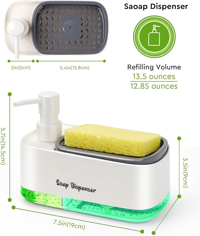 5-in-1 Kitchen Soap Dispenser Set with Sponge Holder - Dual Hand & Dish Soap Pump Dispenser for Sink Countertop with 2-Packs Natural Loofah Dish Sponge Dishwashing Scrubber,White