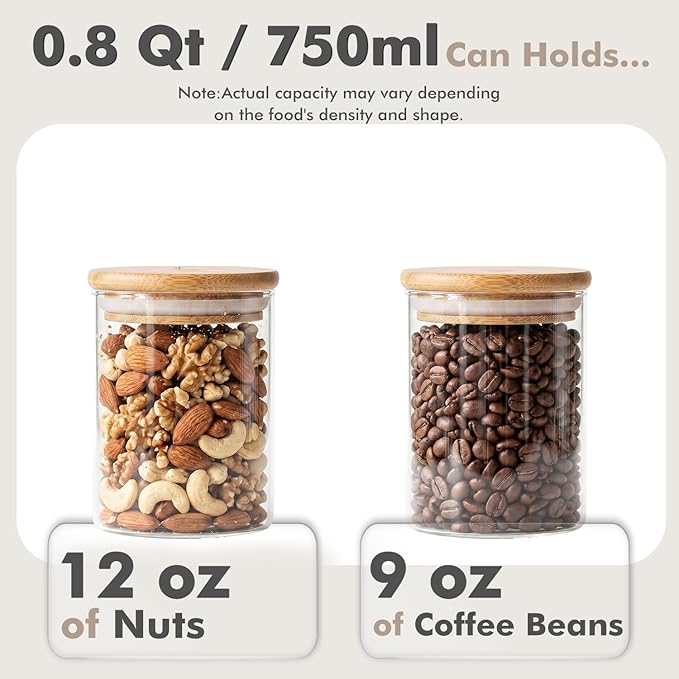6-Pack 0.8Qt Round Glass Storage Jars with Bamboo Lids, Pantry Storage Containers for Neat Organization, Ideal for Minimalist Kitchen Organizer, Nut, Coffee Beans, Oats, Cookie, Candy, Tea