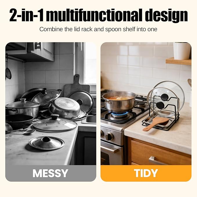 Pot Lid Holder While Cooking, 304 Stainless Steel Spoon Rest with Lid Holder for Countertop, Multifunctional Pan Lid Storage and Utensil Organizer for Stove Top