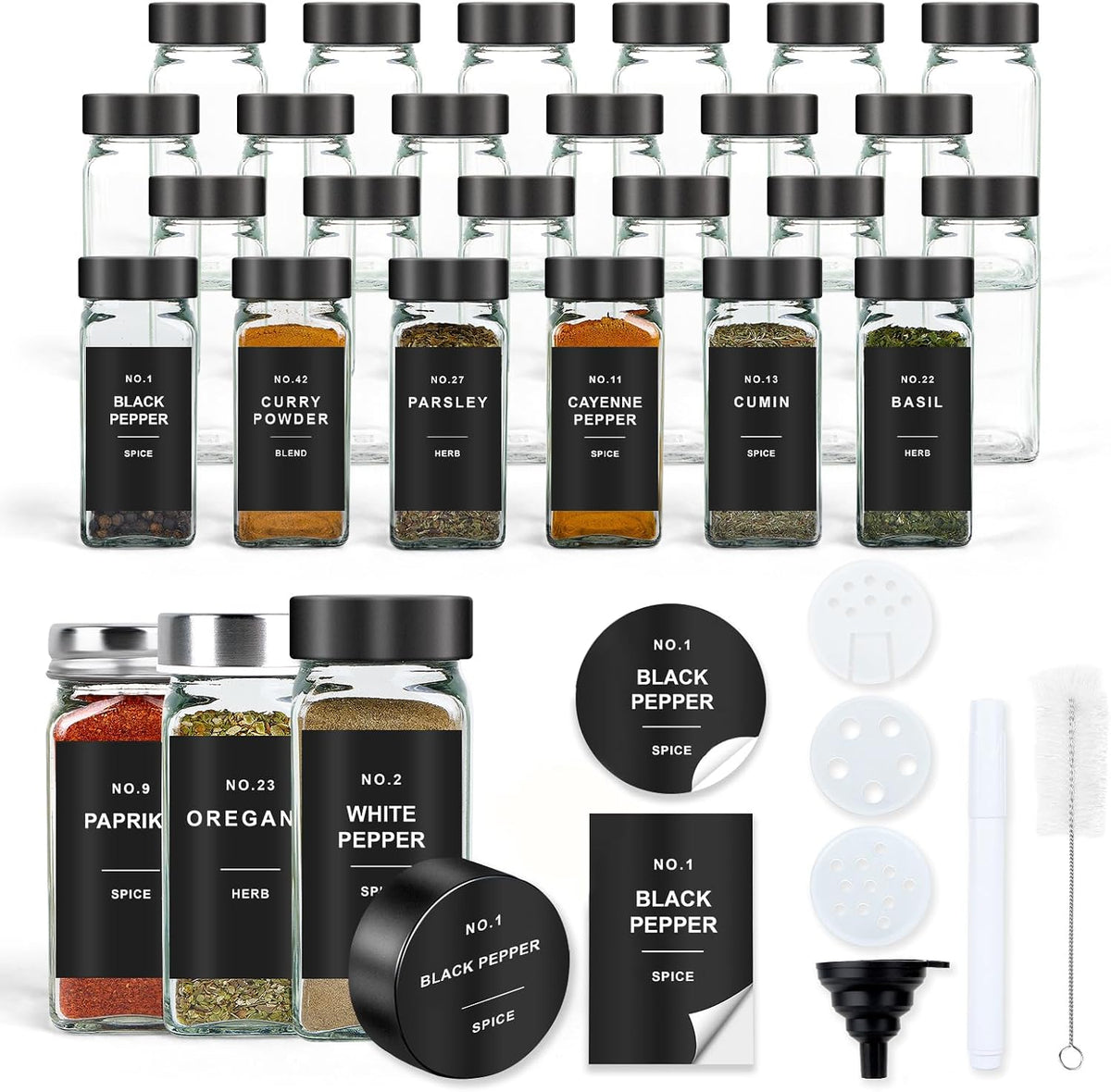 Spice Jars with Label, 24pcs 4oz Glass Spice Jars with Black Lids